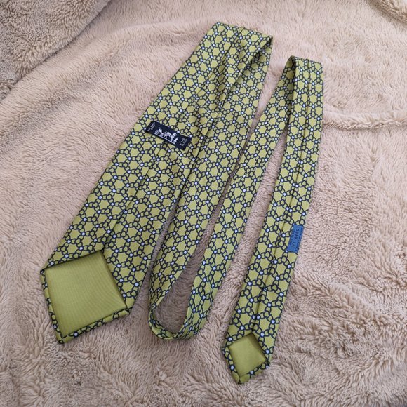 HERMÈS PARIS Equestrian Geometric Pattern Yellow Silk Tie 5339 TA - Picture 6 of 8